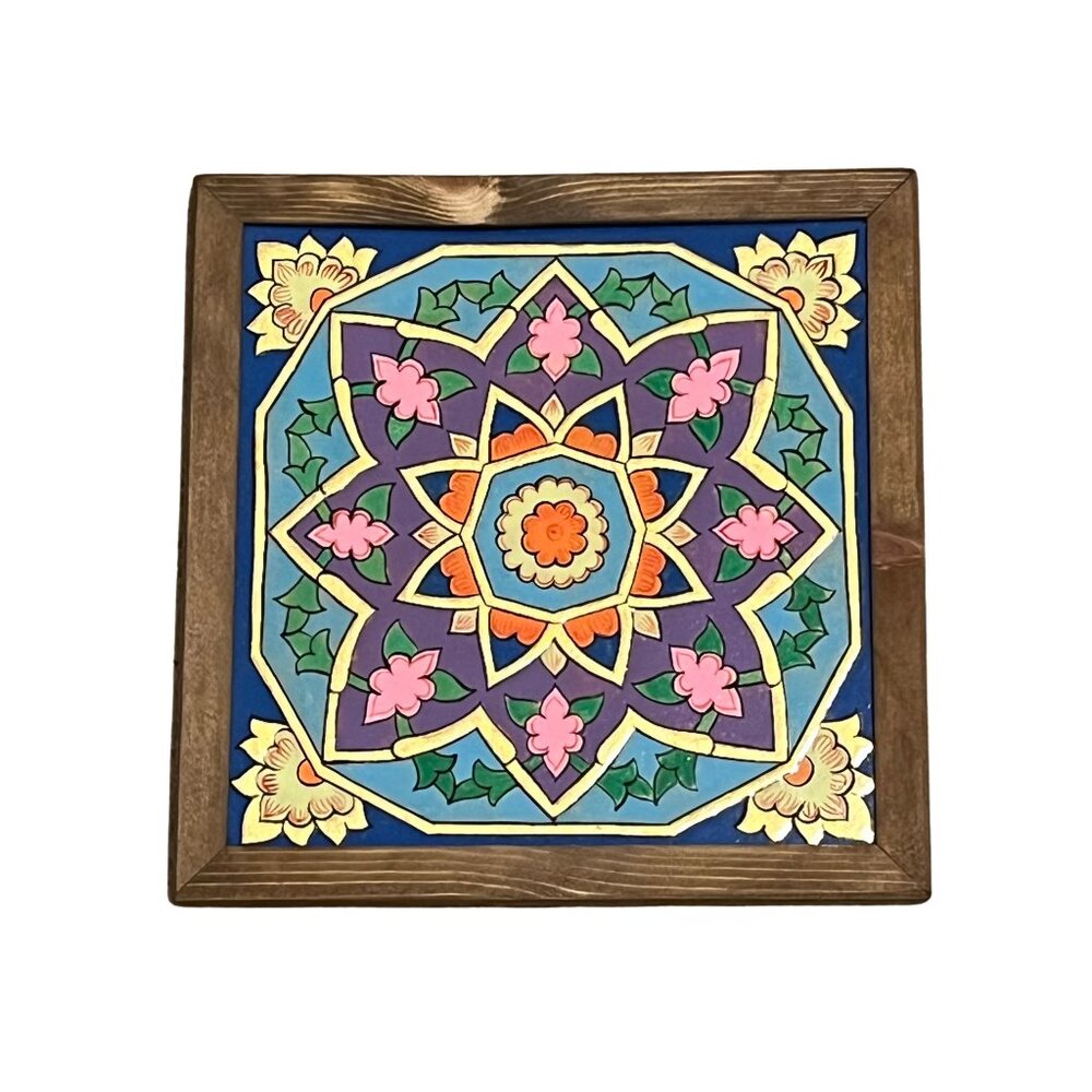 Tajik Traditional Pattern Multi Colored Decorative Painted Wood Tile Art